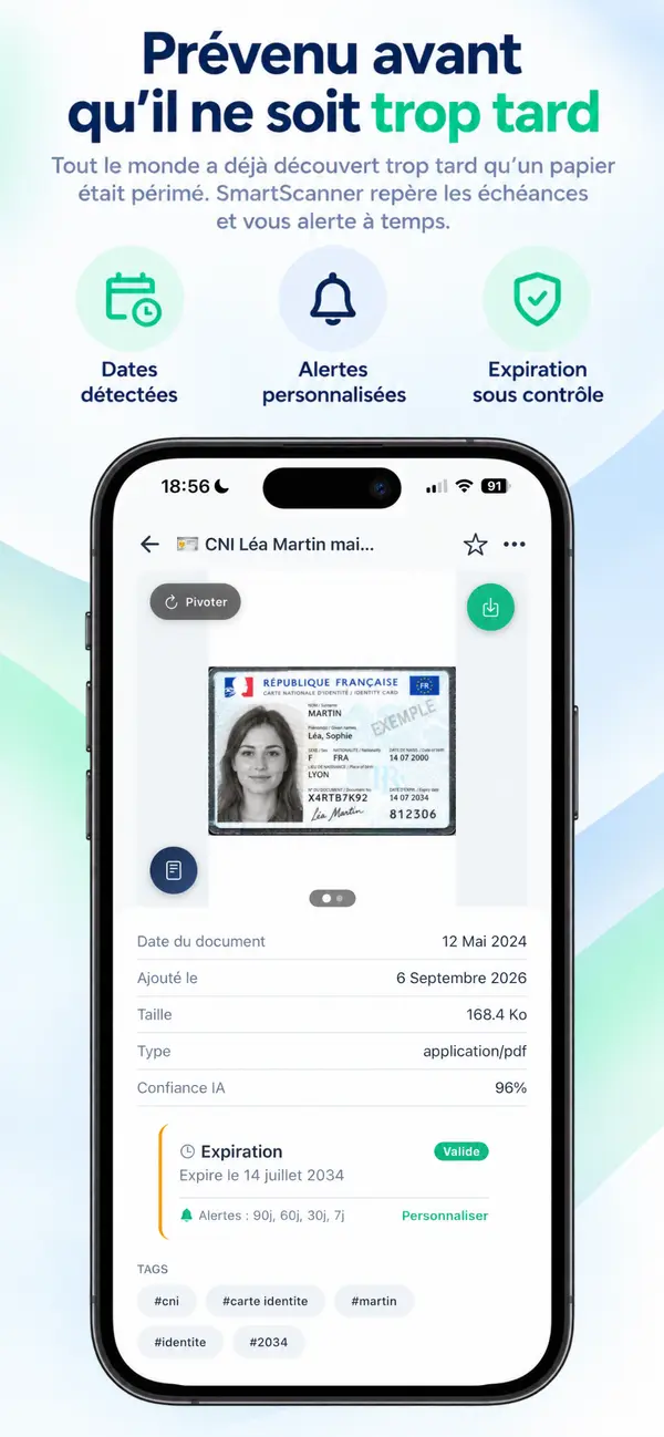 Fiche SmartScanner d’une carte d’identité spécimen marquée EXEMPLE : expiration le 14 juillet 2034, alertes 90, 60, 30 et 7 jours avant.