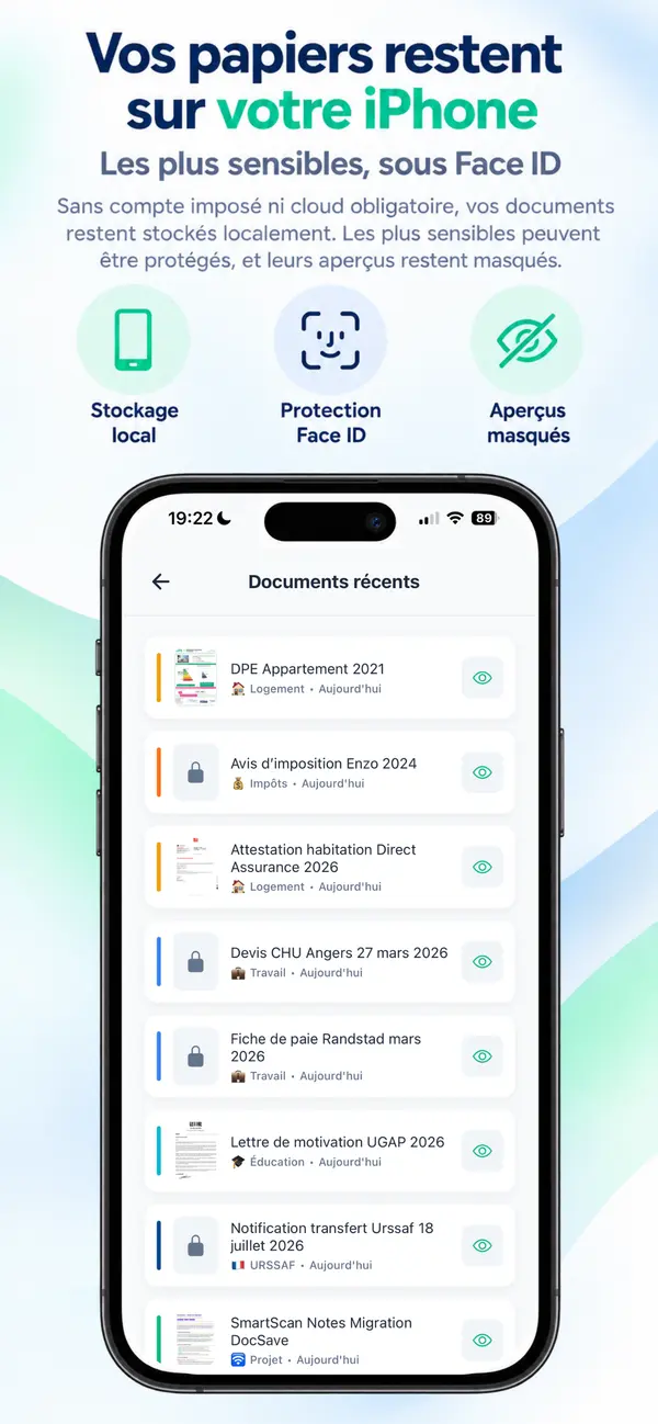 Liste des documents récents dans SmartScanner : les documents rangés dans un intercalaire protégé par Face ID affichent un cadenas à la place de l’aperçu.