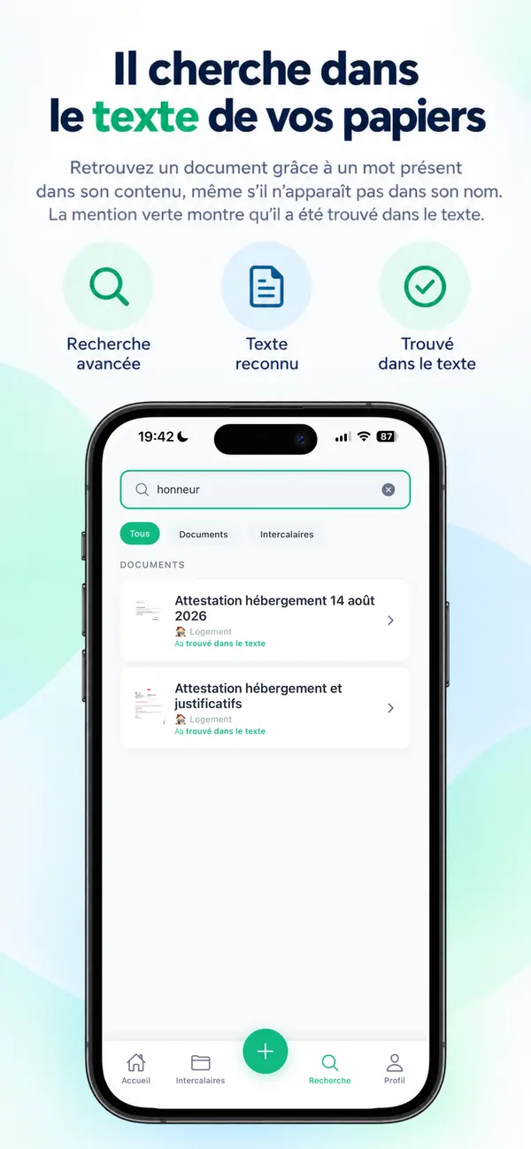Recherche du mot « honneur » dans SmartScanner : deux attestations d’hébergement rangées dans l’intercalaire Logement, marquées « trouvé dans le texte ».